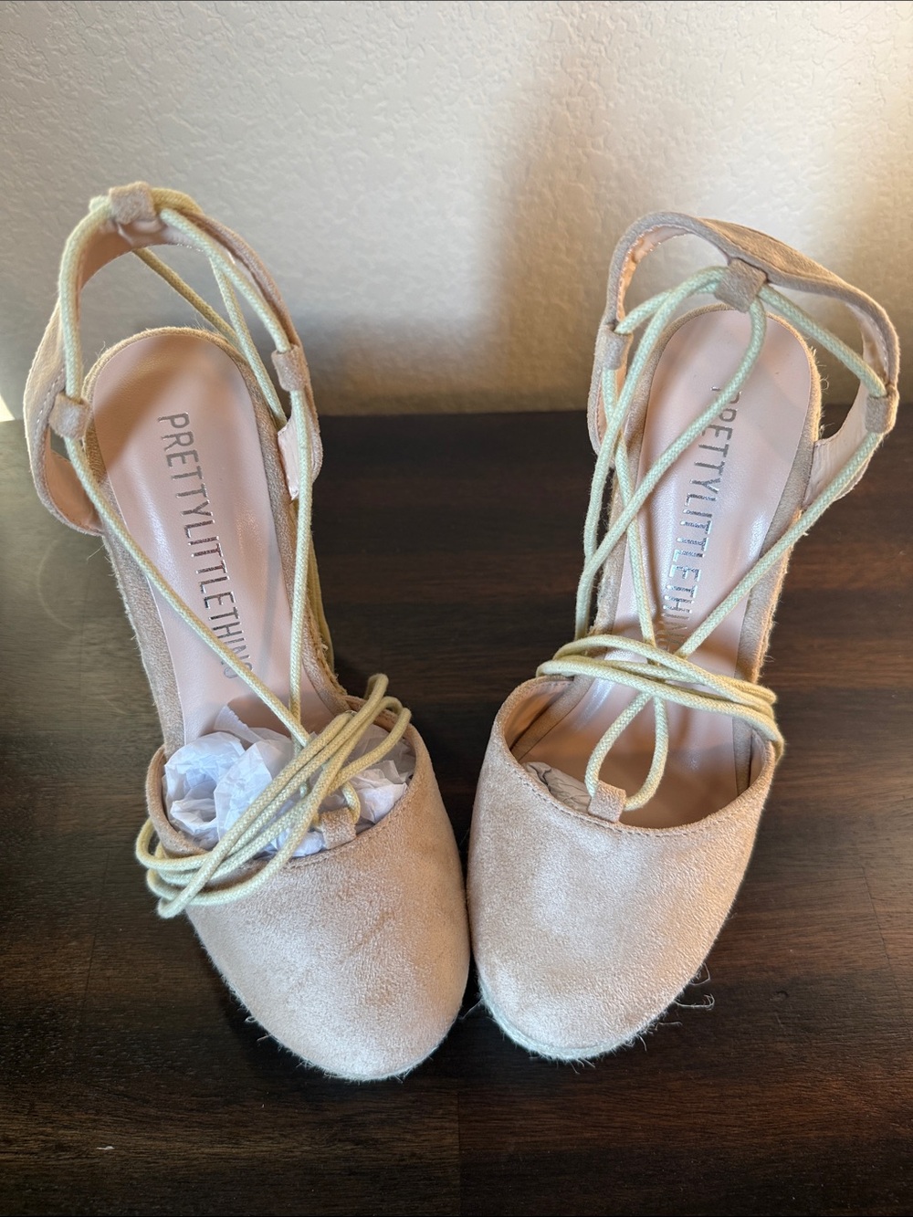 PrettyLittleThing Nude Suede Lace-Up Wedge Heels